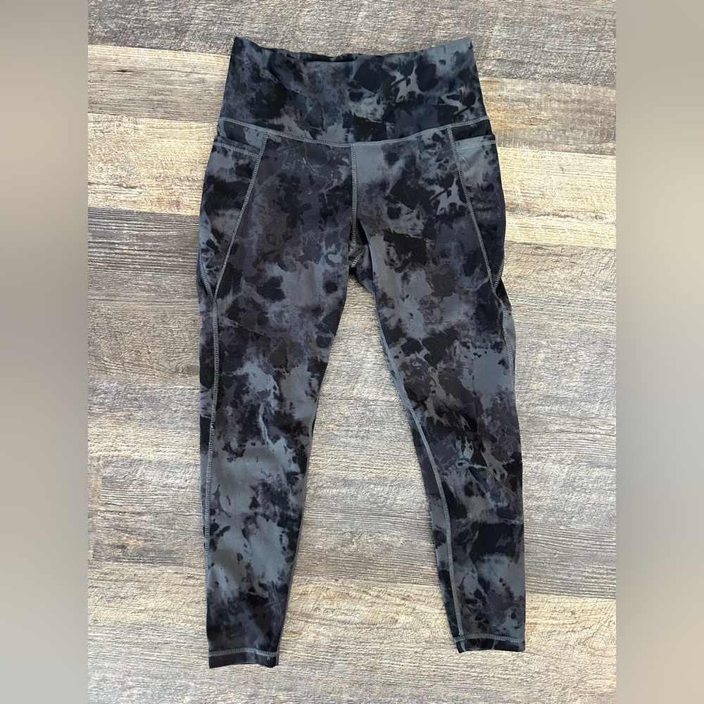 Danskin Tie Dye Leggings Size Large Black Grey With Pockets High Stretch